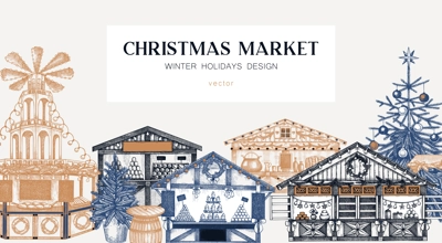 Christmas market background. Hand drawn vector illustration. European holiday marketplace banner design.. Christmas tree, wooden stall kiosk, candy shop, bakery, mulled wine sketches